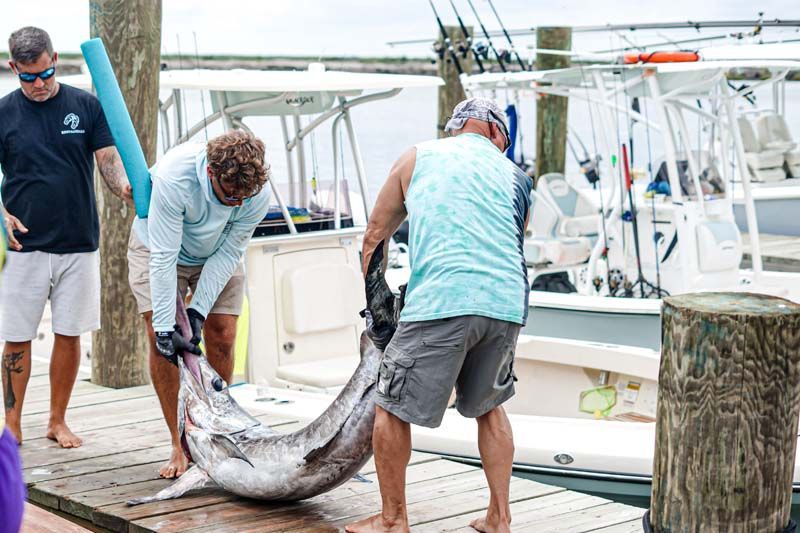 A group of men are holding a large fish on a dock.