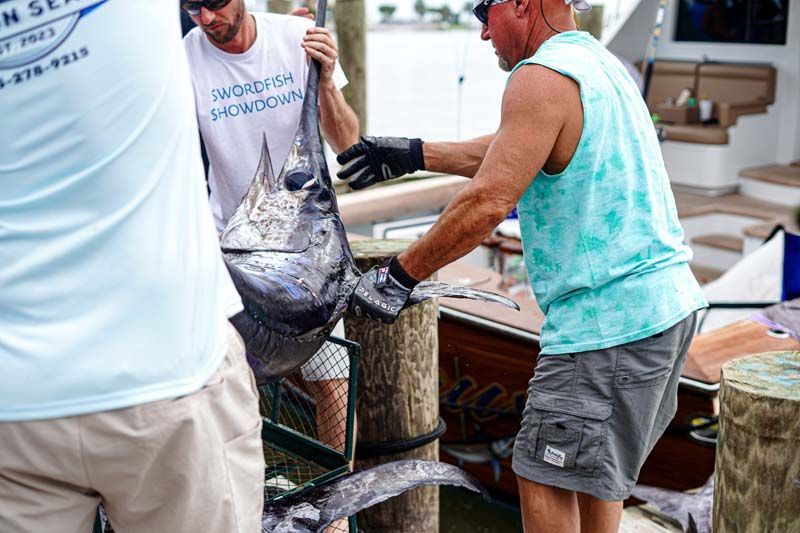 A group of men are holding a large fish on a dock.