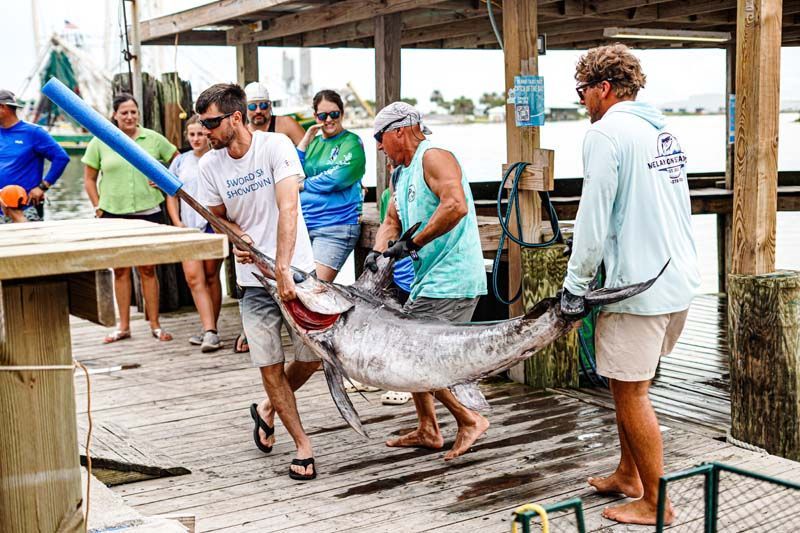 A group of men are carrying a large fish on a dock.