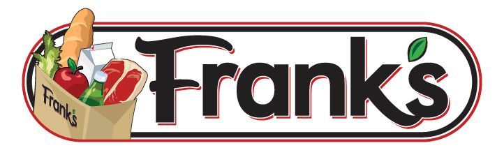 A logo for frank 's grocery store with a bag of vegetables