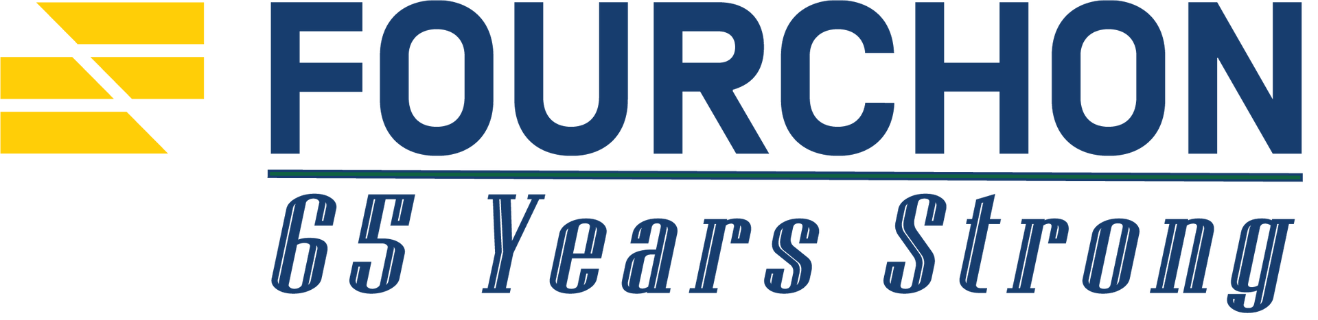 A blue and yellow logo for fourchon 65 years strong
