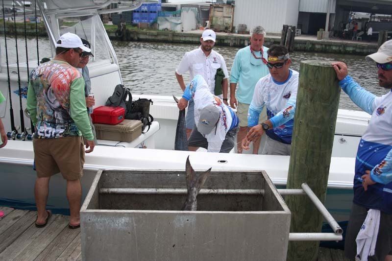A group of men are standing on a dock next to a boat.