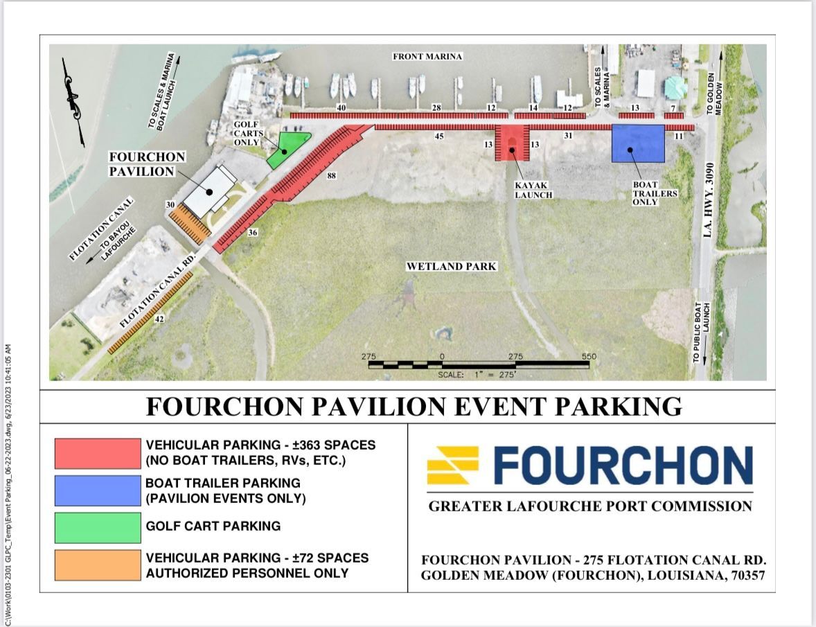 An aerial view of fourchon pavilion event parking