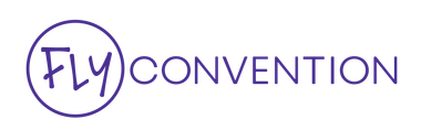 The fly convention logo is purple and white on a white background.