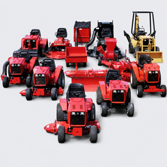 A group of red toy tractors and farm machines arranged on a white background.
