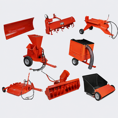 Collage of red tractor attachments and snowplows on a white background
