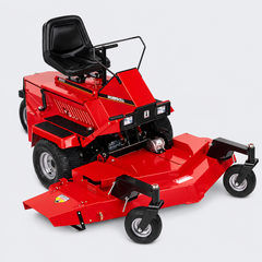 Red riding lawn mower with black seat and front deck on a white background