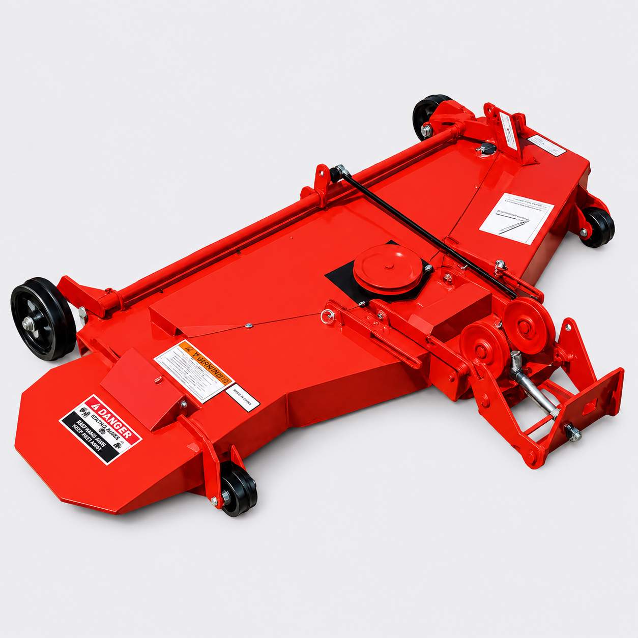 Red lawn mower deck with wheels, shown on a white background