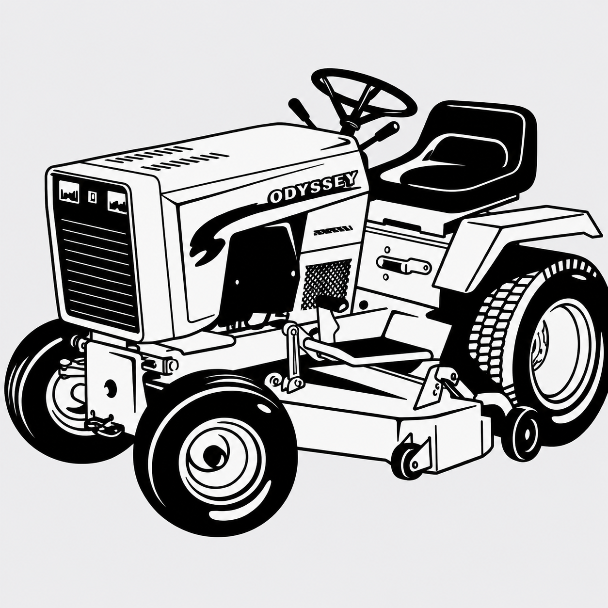 Black-and-white illustration of a vintage Odyssey riding lawn tractor with steering wheel and seat