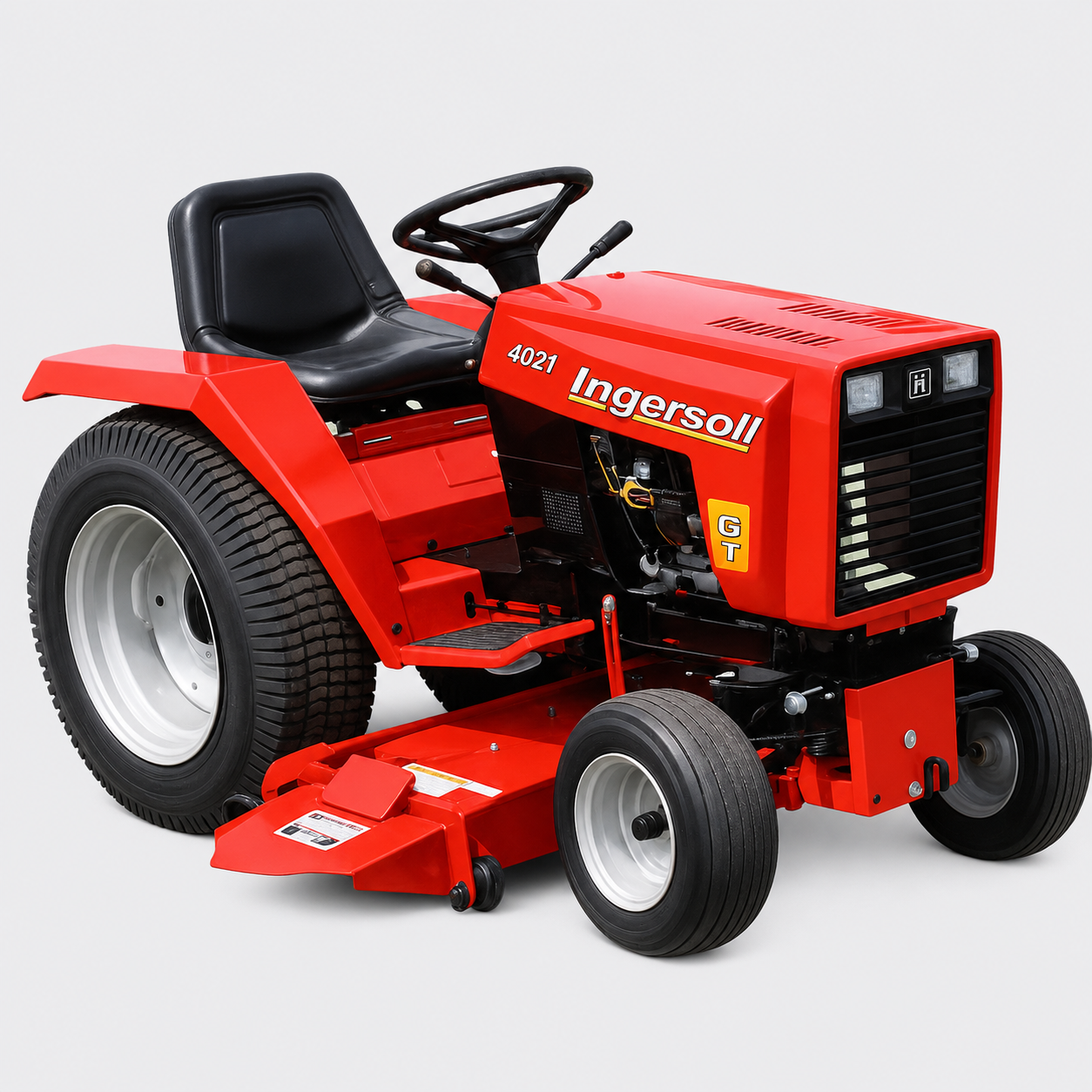 Red Ingersoll riding lawn tractor with black seat and front mower attachment on white background