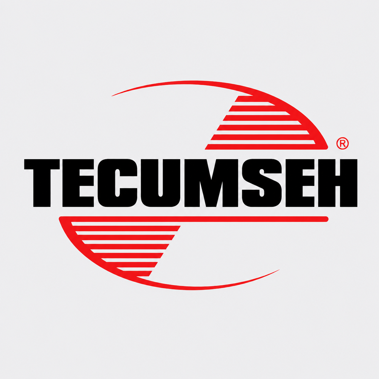 TECUMSEH logo in black and red with stylized striped arc design