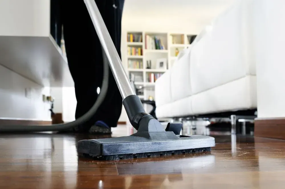 Person Vacuuming a Hardwood Floor in a Living Room — Jamac Cleaning Services in Maitland, NSW