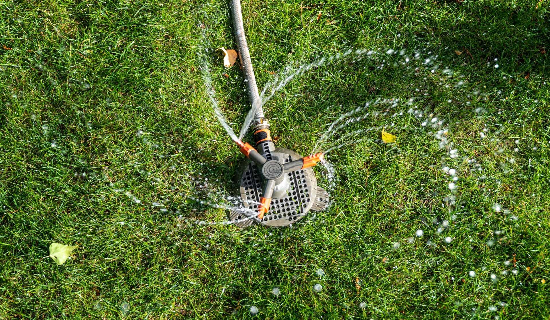 A rotating three-armed lawn sprinkler spraying water over green grass.