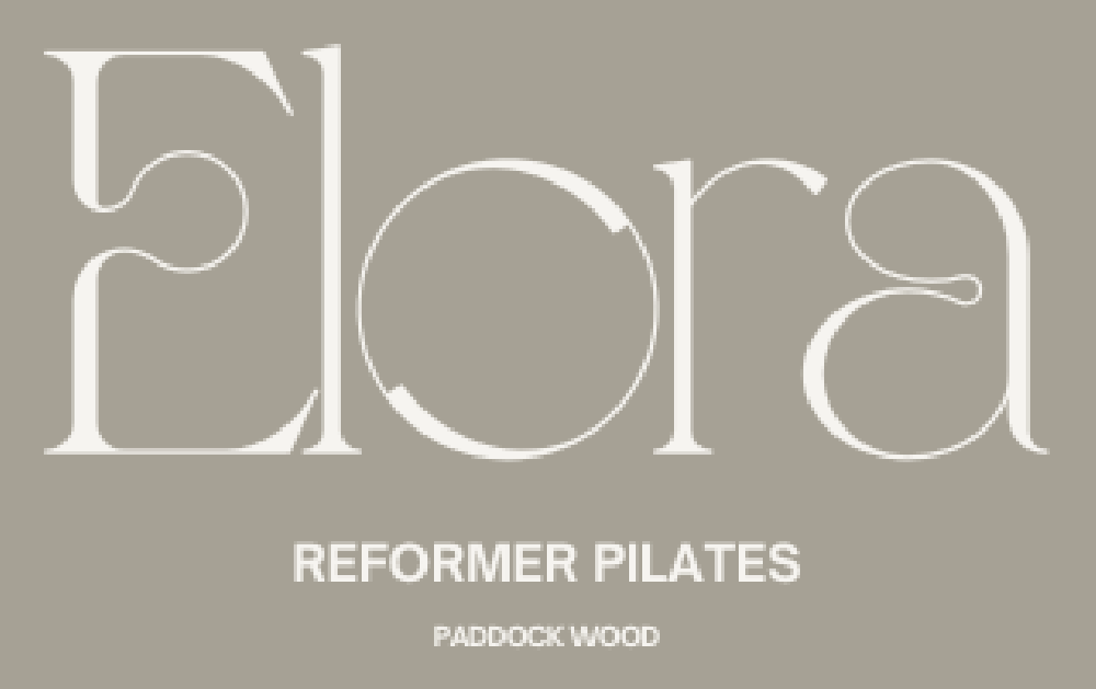 Logo for Flora Reformer Pilates in Paddock Wood, with elegant white lettering on a taupe background.