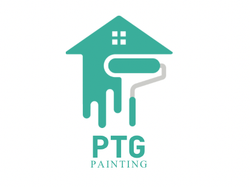 A logo for a painting company with a house and a paint roller.