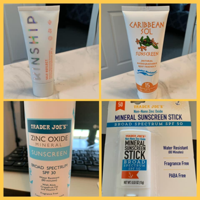 A collage of four different sunscreens including caribbean sol