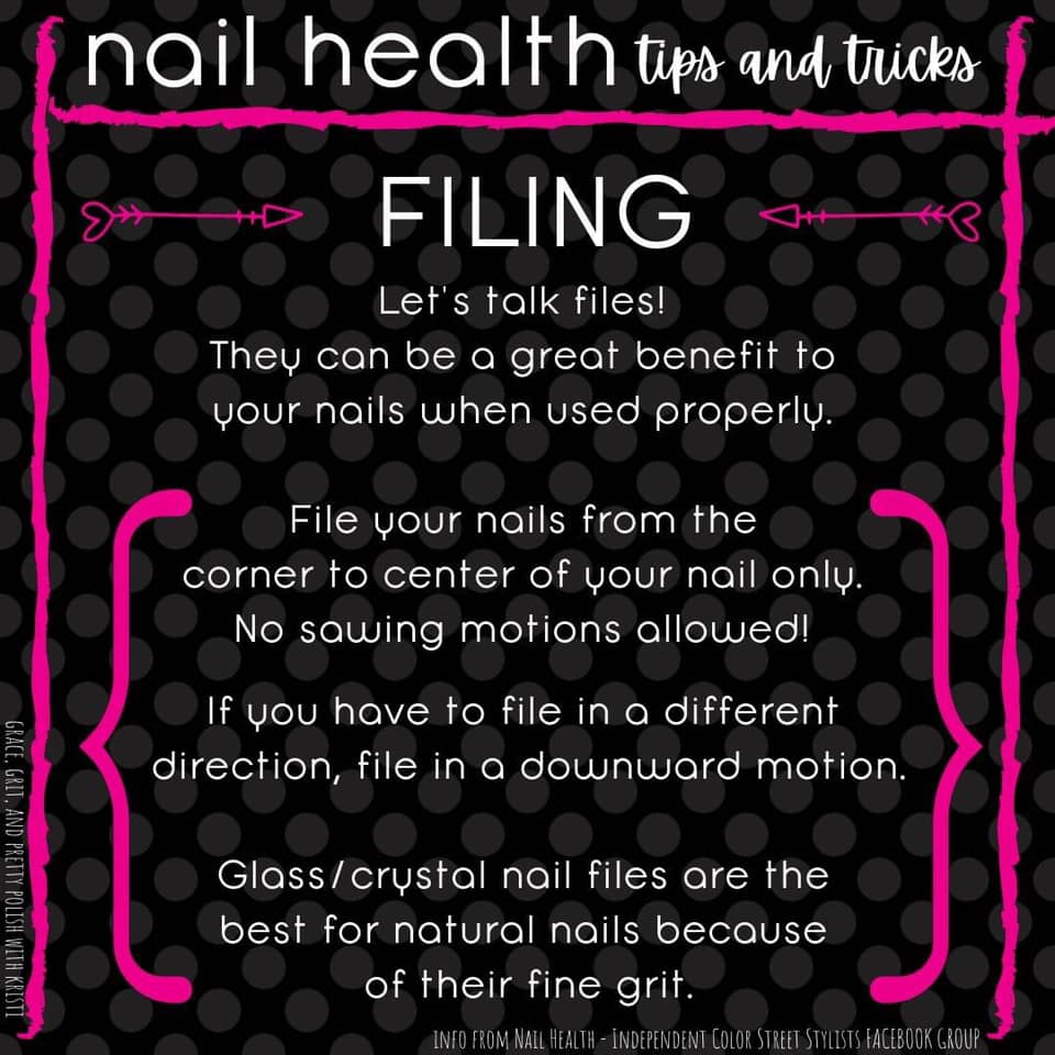 A poster that says nail health tips and tricks filing
