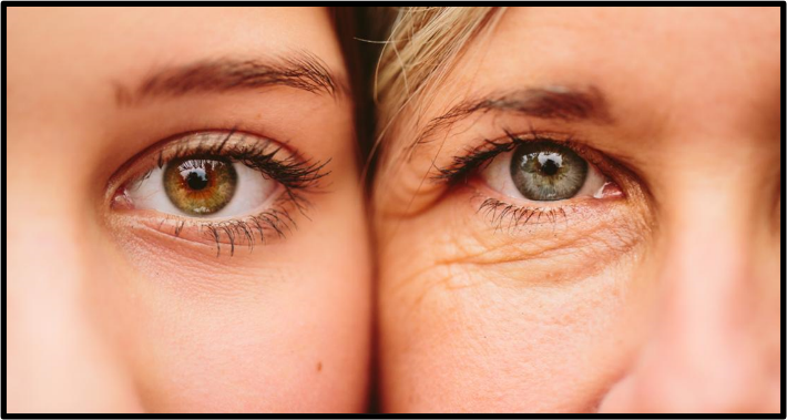 A close up of two women 's eyes , one is younger than the other.