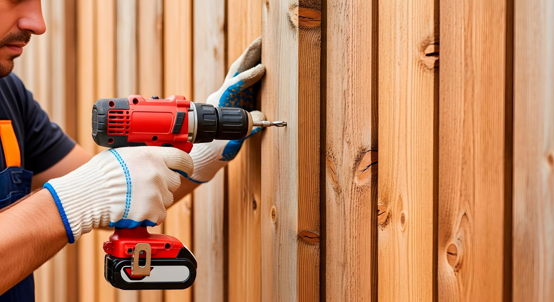 Drilling wooden boards during cedar fence installation for homes. Drilling wooden boards during cedar fence installation for homes.