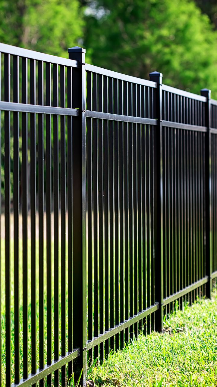 Black aluminum fence on a green lawn surrounding property grounds and green foliage.