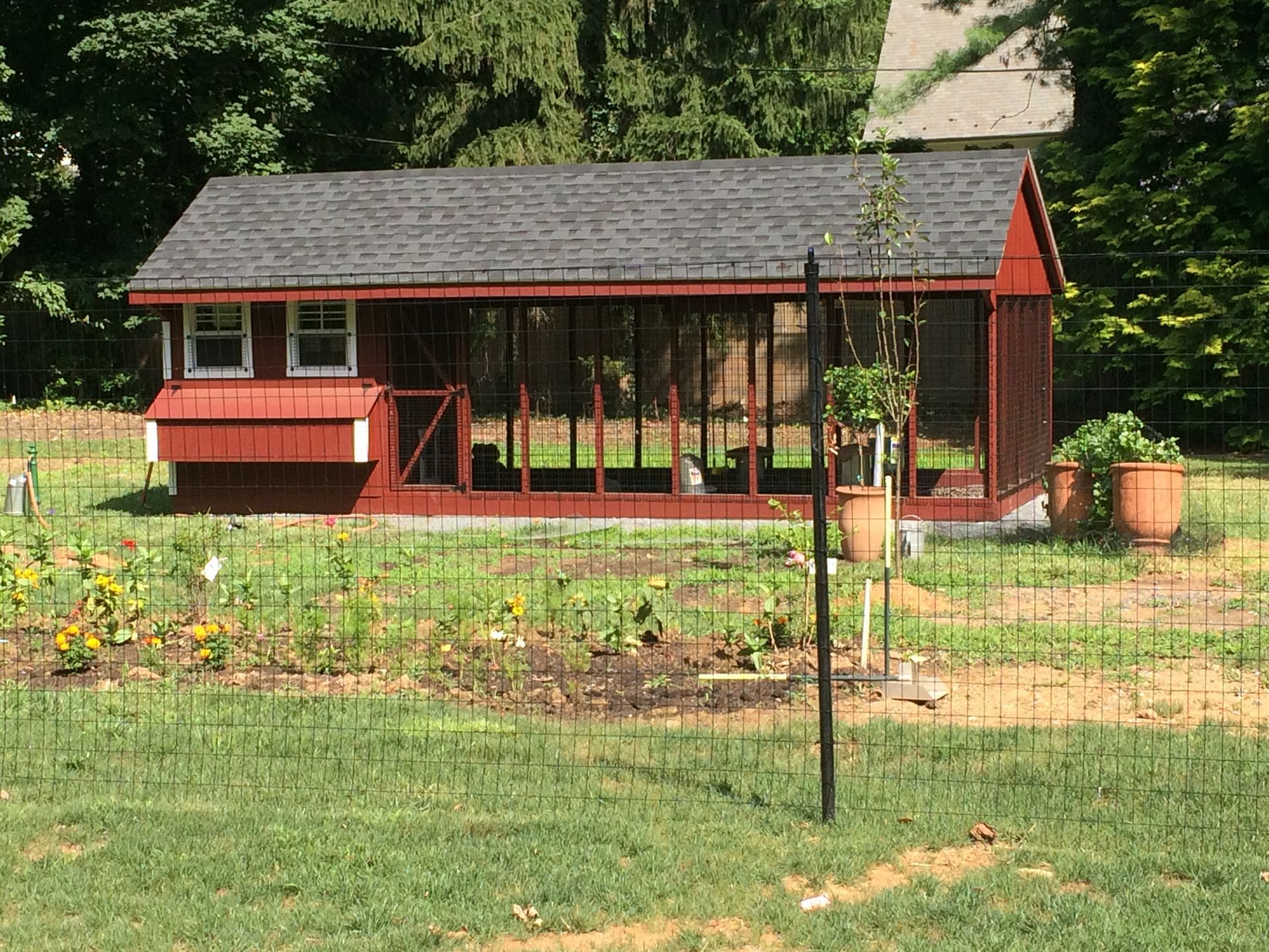 A chicken coop is surrounded by a wire fence