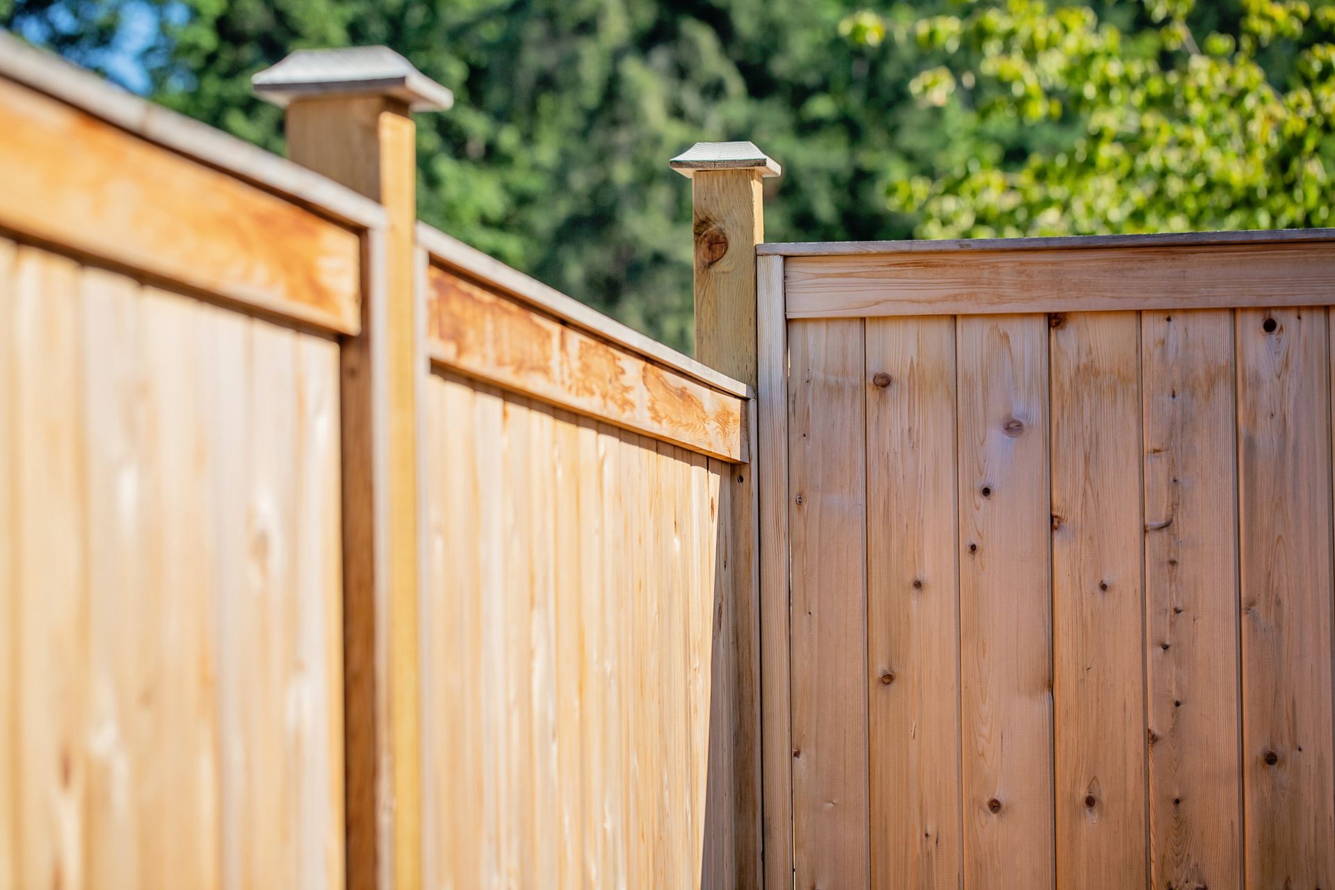 Vertical cedar fence with decorative caps and natural wood grain set against green trees.