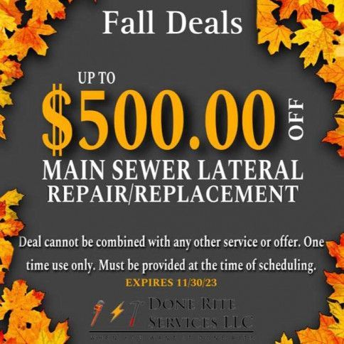 $500  Off Main Sewer Lateral Repair/Replacement