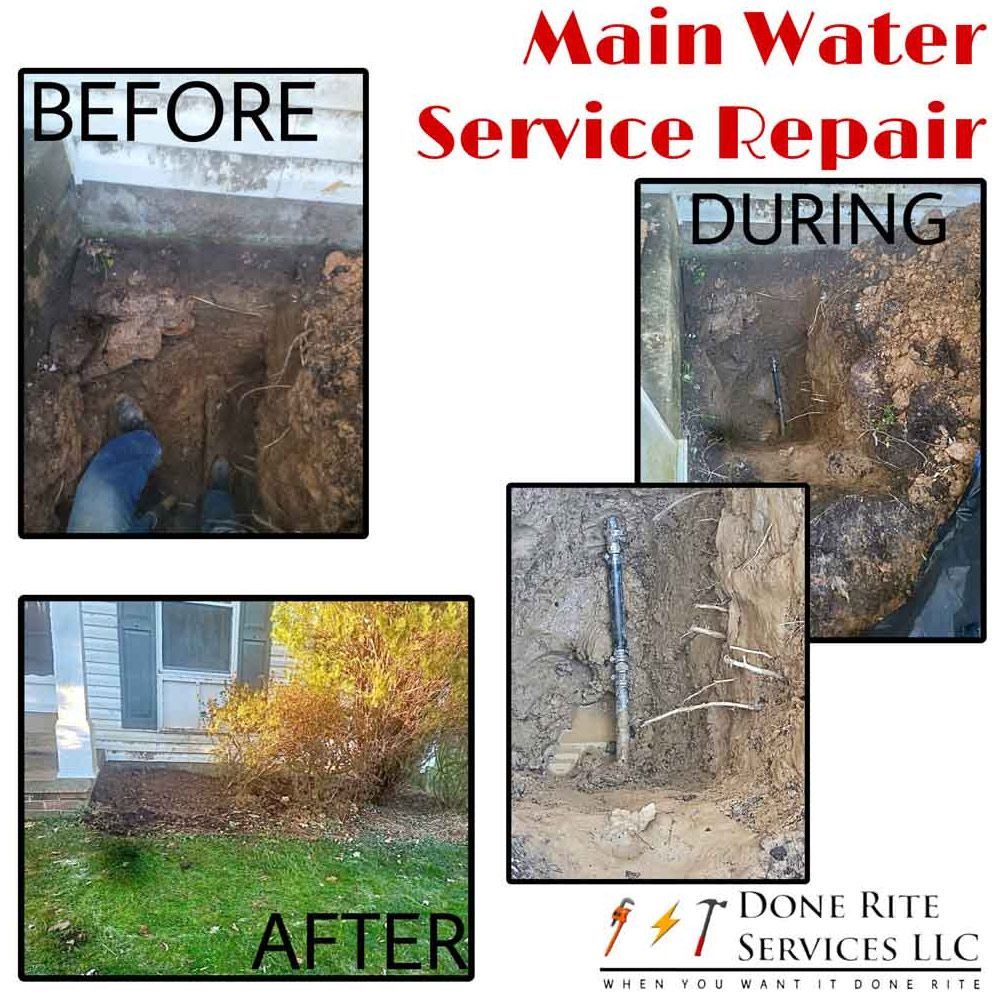 A before and after picture of a main water service repair