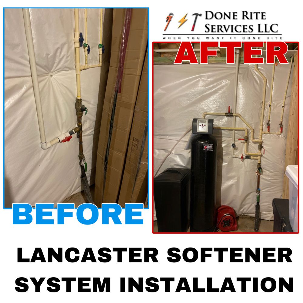 A before and after picture of a lancaster softener system installation