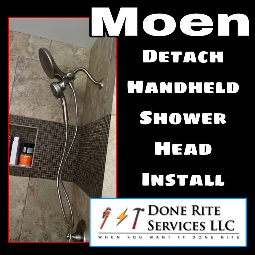 A picture of a shower head with the words moen detach handheld shower head install