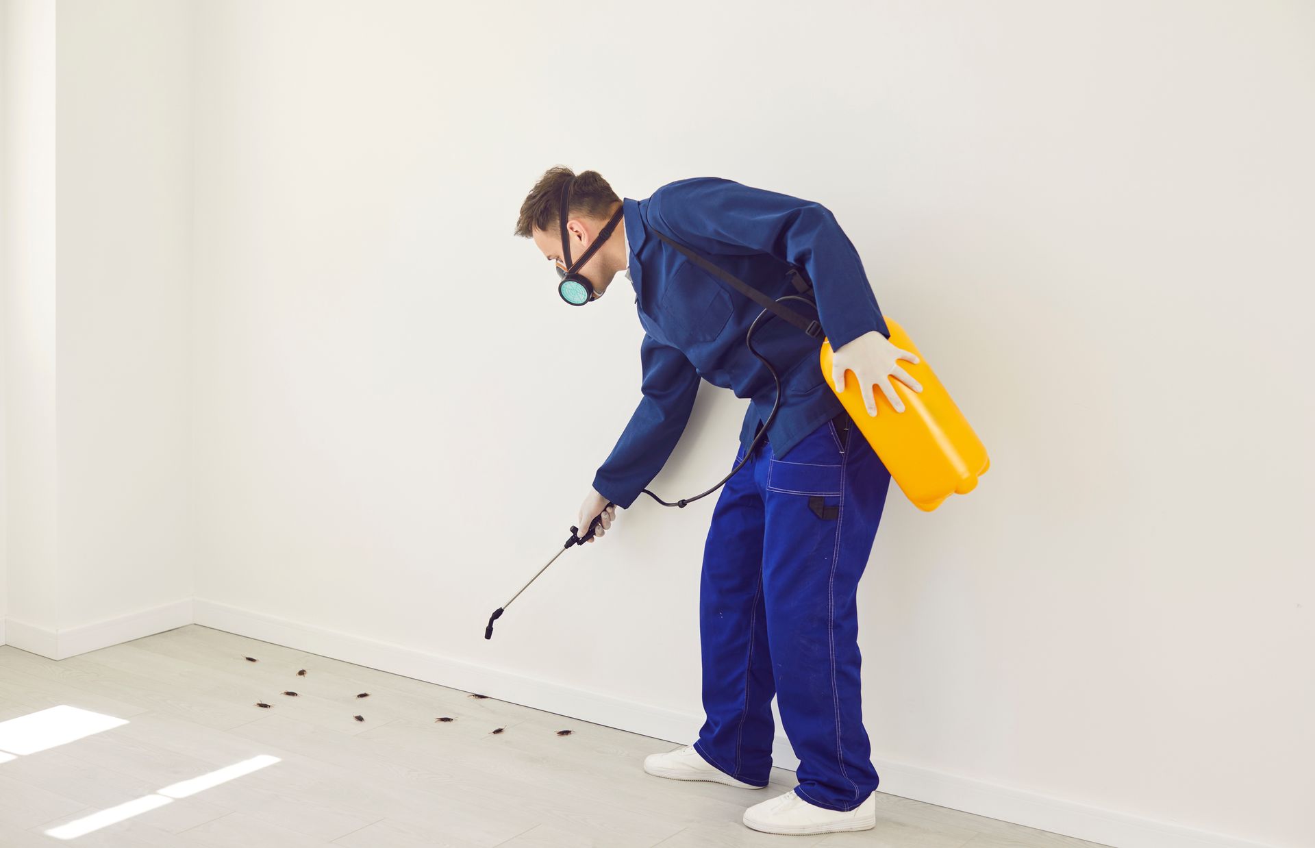 Man worker wearing work clothes from the pest control service sprays insecticide or pesticide to eradicate cockroaches in home, ensuring effective pest control and environment clean from insects.