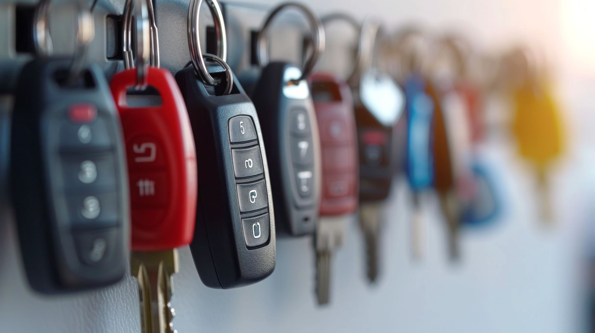 A bunch of car keys hanging on a hook on a wall.