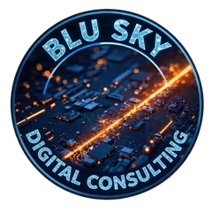 Go to homepage BLU SKY digital consulting logo with glowing blue circuit board and orange light streaks