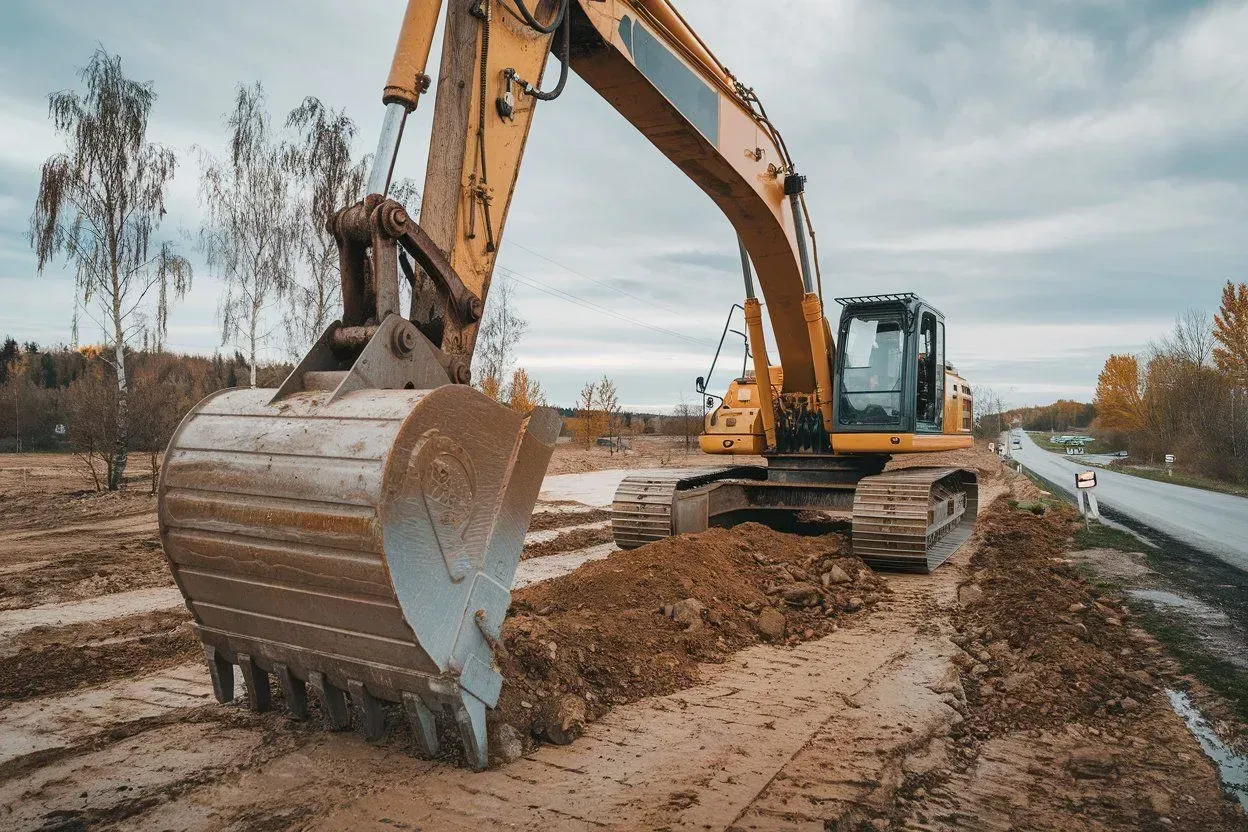 Excavator digging dirt beside a road on a muddy construction site under cloudy skies
