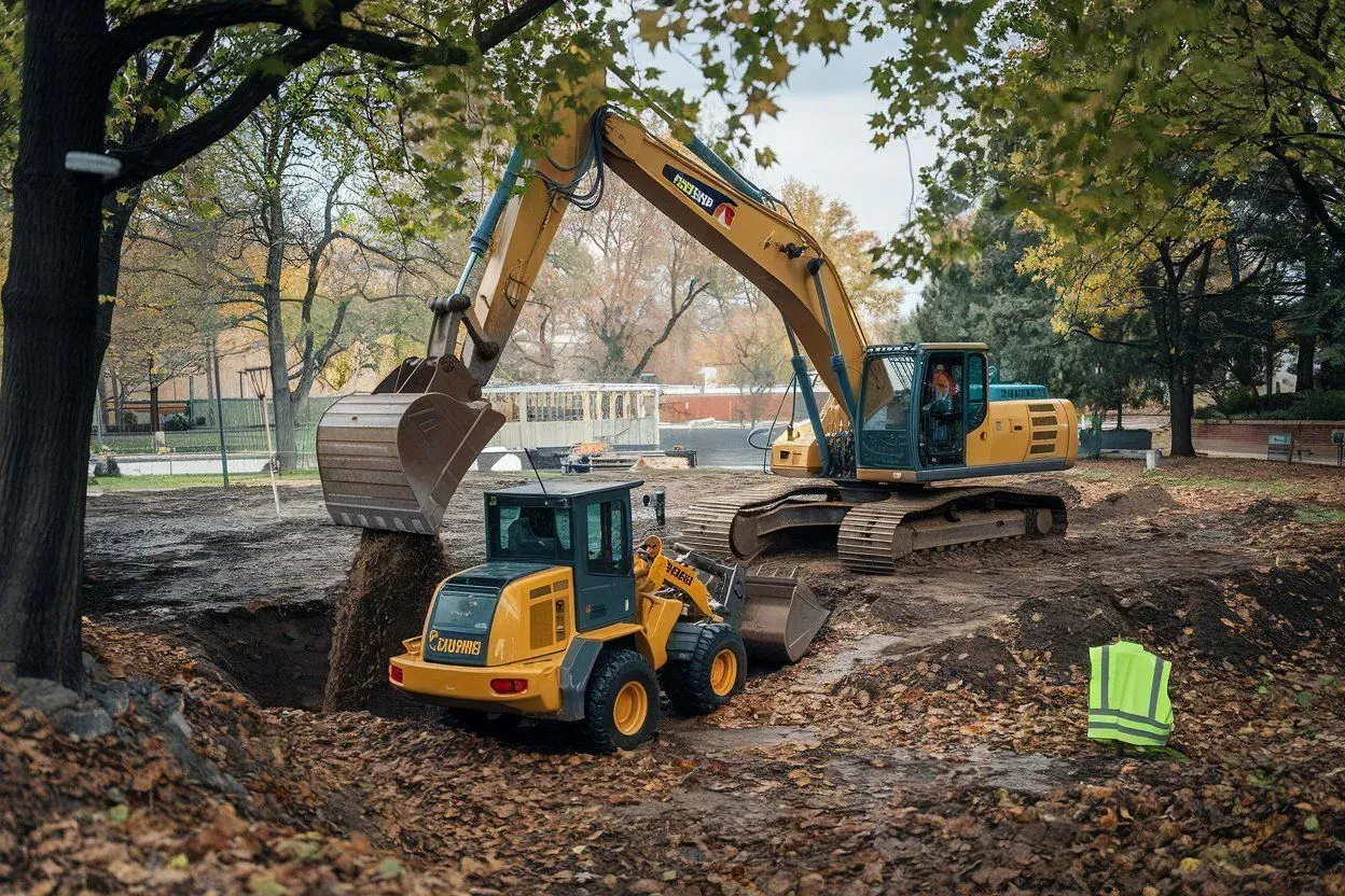 Yellow excavator and front loader moving dirt in a park-like construction site with trees and a worker nearby