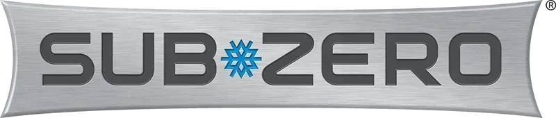 Sub-Zero logo on a gray background, featuring dark gray text with a blue snowflake in place of the