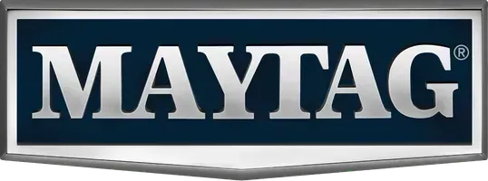 Maytag logo in white text on a navy blue rectangle, encased in a silver frame.