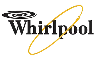 Whirlpool logo with black text and a swirl design, a gold elliptical shape, and the brand name.