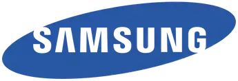 Samsung logo with white text on a blue oval background.
