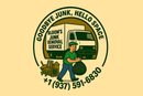 Logo: Junk removal service with truck and worker, green, tan and brown color scheme.