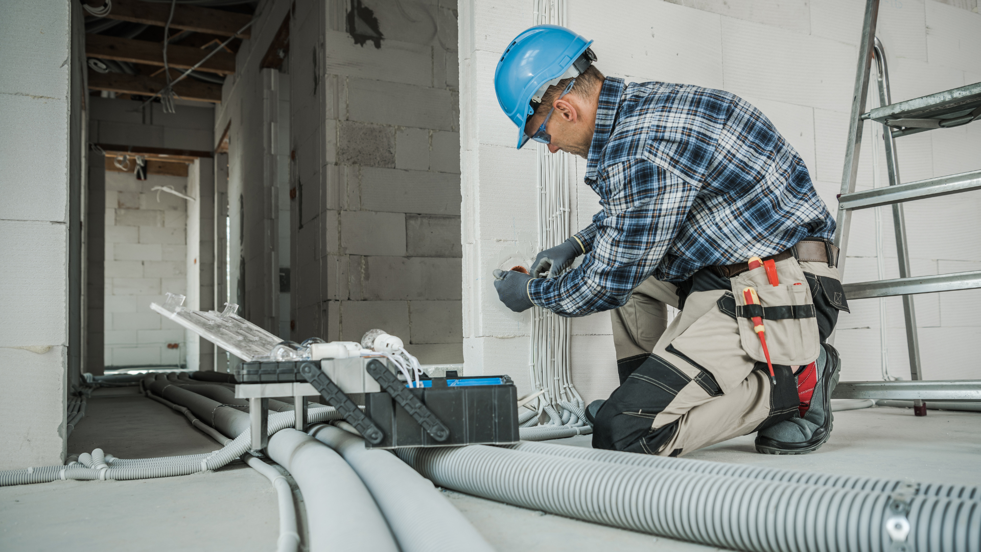 A construction worker is working on a wall in a building under construction.
