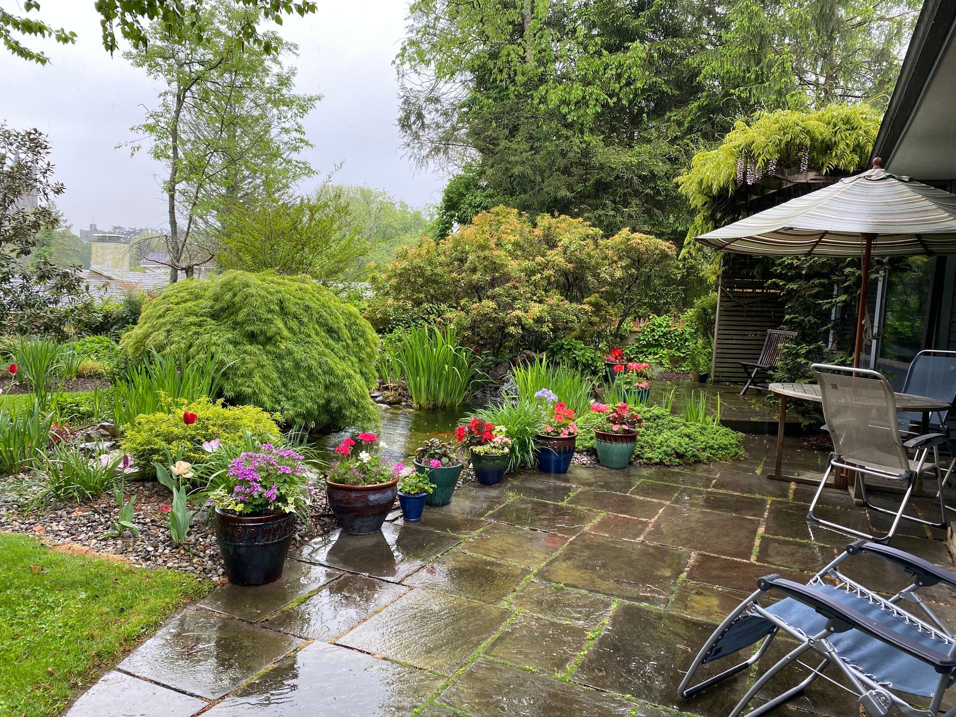 A patio with chairs , umbrellas and potted plants on a rainy day.