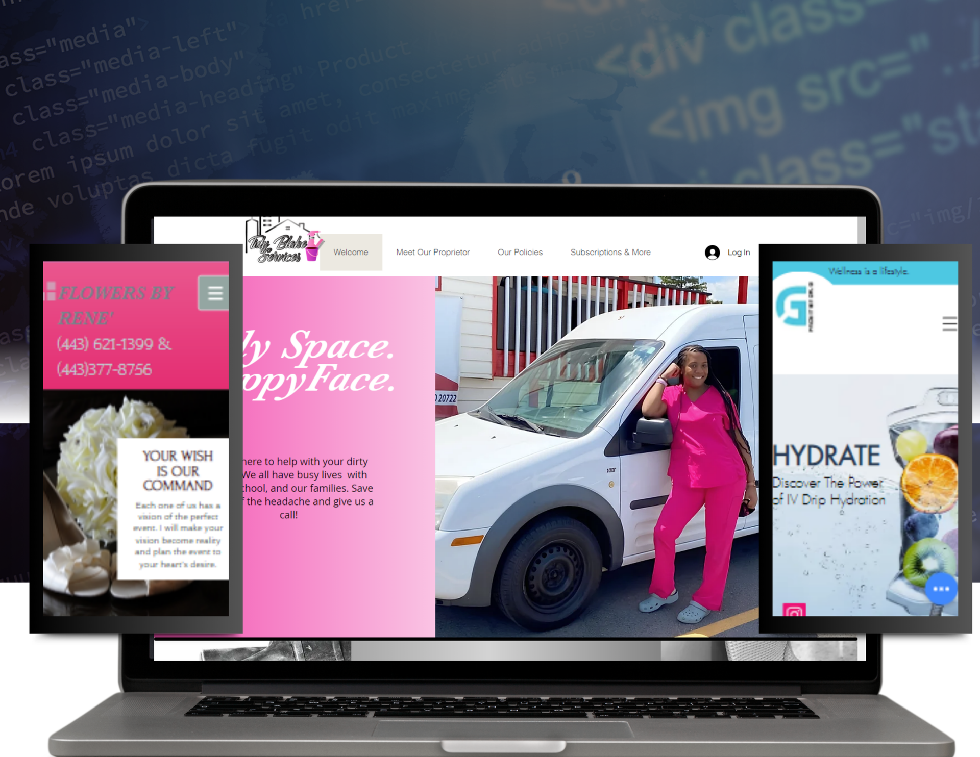 A woman in pink scrubs is standing in front of a white van on a laptop screen.