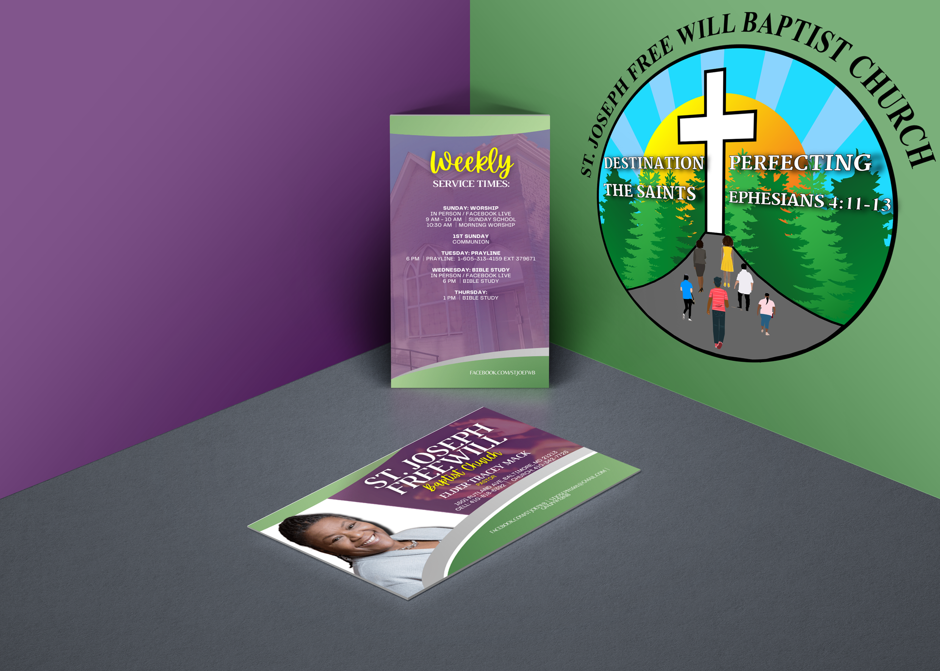 A brochure for a baptist church is sitting on a table.