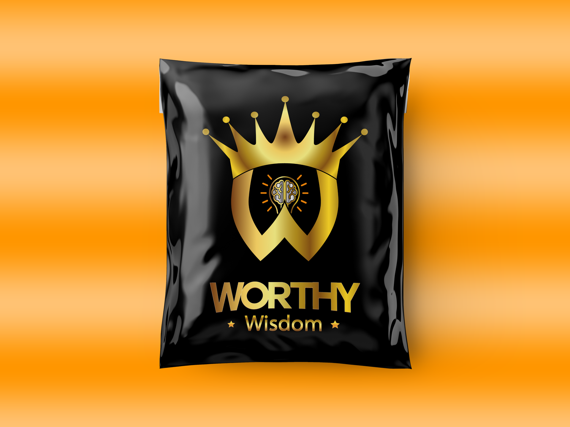 A black bag with a gold crown on it that says worthy wisdom