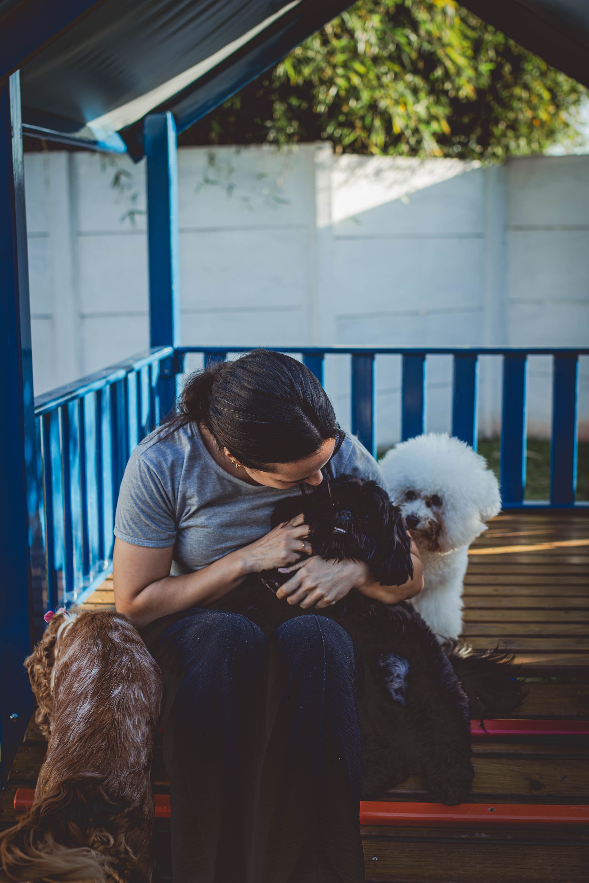Uma mulher está sentada na varanda com dois cachorros.