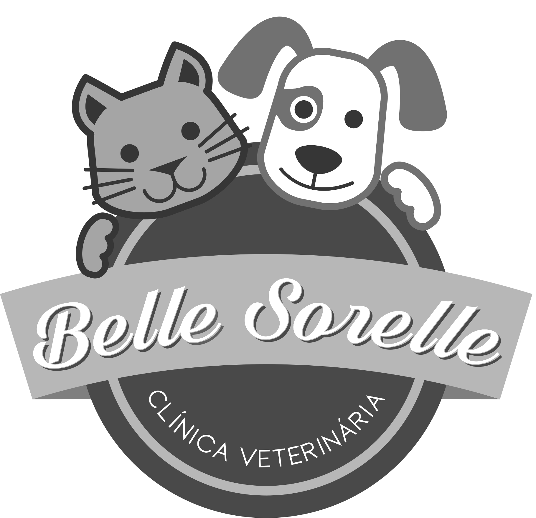Um logotipo em preto e branco para uma clínica veterinária com um gato e um cachorro.