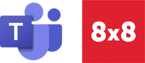 a microsoft teams logo next to a red 8x8 logo .