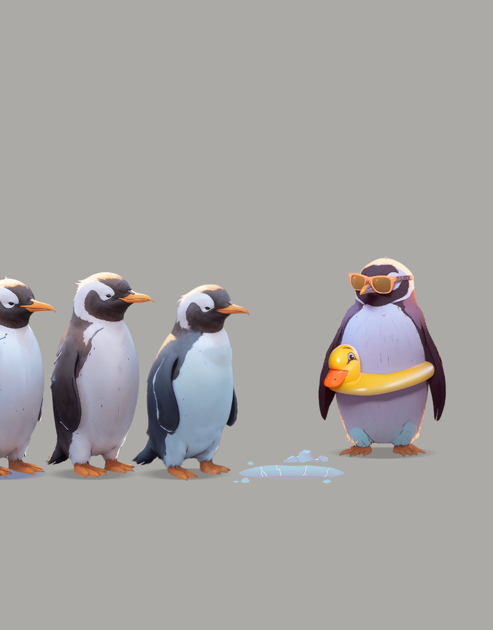 A group of penguins standing next to each other on a gray background.