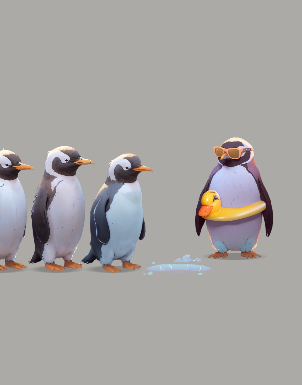 A group of penguins standing next to each other on a gray background.